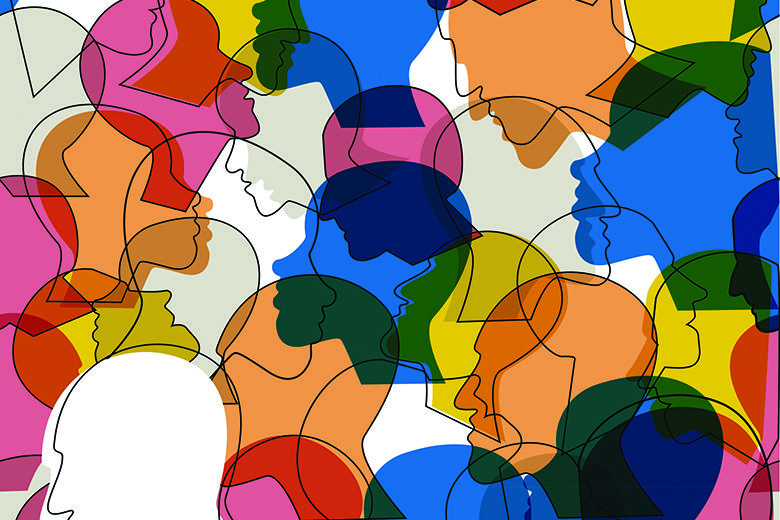 Seamless pattern of a crowd of many different people profile heads.