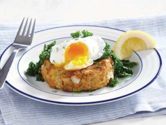 Code Cakes with Poached Egg and Wilted Kale