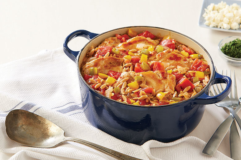 Pot filled with chicken and orzo