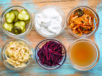 a set of fermented food: cucumber pickles, coconut milk yogurt, kimchi, sauerkraut, red beets, apple cider vinegar