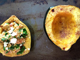 Spicy Sausage and Goat Cheese Farro Stuffed Acorn Squash