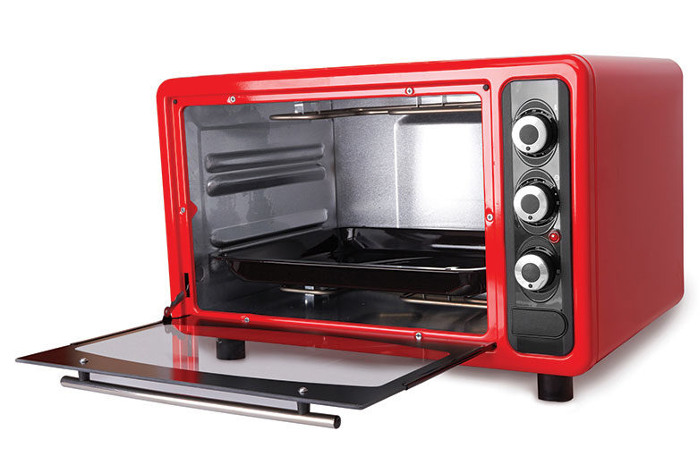 Red toaster oven with lid open